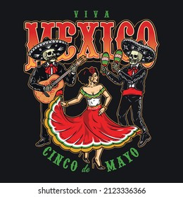 Colorful vintage emblem with mustachioed skeleton musicians playing maracas and guitar, woman with rose in hair dancing, vector illustration