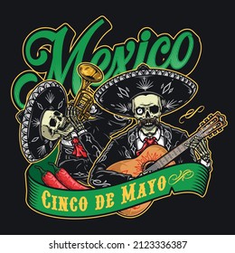 Colorful vintage emblem with skeleton mariachi musicians in sombreros and charro outfits playing trumpet and guitar, chili peppers and green ribbon with inscription, vector illustration
