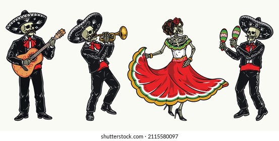 Colorful vintage emblems set of mariachi performers in sombrero hats playing guitarm trumpet, maracas and skeleton woman dancing in dress, vector illustration