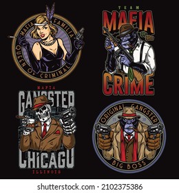 Colorful Vintage Emblems Set With Skeleton Mob Boss With Gun And Whisky Glass, Gorilla Criminals, Flapper Girl In Gloves And Dress Holding Revolver, Vector Illustration