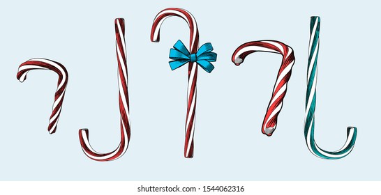Colorful vintage engraved drawing Christmas candy cane collection in various view point and line art style vector illustration isolated on light blue background