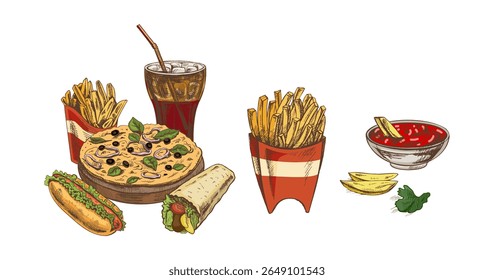 Colorful vintage fast food set with French fries, soft drink, pizza, hotdog, wrap, salsa dip, lemon and herb. Hand drawn vector illustration. Perfect for cafe design, menus and packaging.