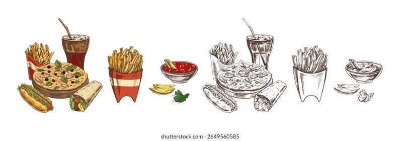 Colorful vintage fast food set with French fries, soft drink, pizza, hotdog, wrap, salsa dip, lemon and herb. Hand drawn vector illustration. Perfect for cafe design, menus and packaging.