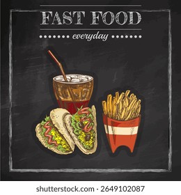 Colorful vintage fast food sketch with tacos, fizzy drink in glass and French fries in red container. Hand drawn vector illustration on chalkboard background. Perfect for retro cafe menus