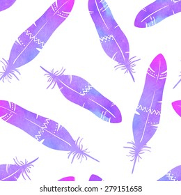 Colorful vintage feather. Ethnic seamless pattern. Vector illustration with a watercolor texture.
