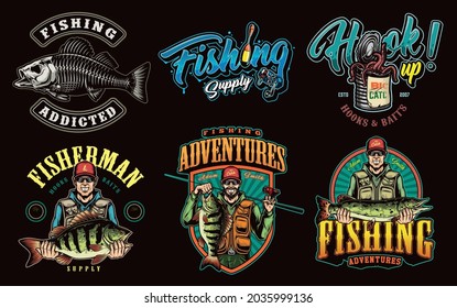 Colorful vintage fishing prints with perch skeleton aluminum can full of worms fishing float and reel smiling anglers holding caught pike and bass fishes isolated vector illustration