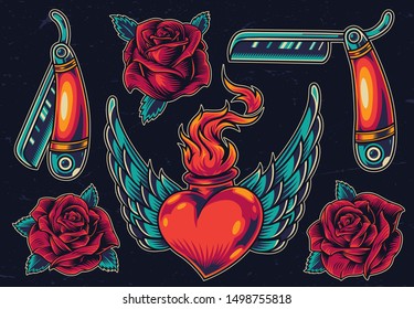 Colorful vintage flash tattoos collection with blooming rose flowers razors winged heart in wire with fire on dark background isolated vector illustration