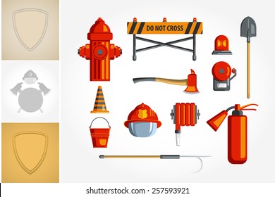 Colorful vintage flat icon set or illustration for infographic. Equipment for firefighter or volunteer.