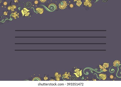 Colorful vintage floral with leaves and flowers. Template for you business card. Design for invitation, wedding or greeting cards. Vector paisley pattern. Traditional ethnic elements. Boho style