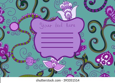 Colorful vintage floral with leaves and flowers. Template for you business card. Design for invitation, wedding or greeting cards. Vector paisley pattern. Traditional ethnic elements. Boho style