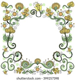 Colorful vintage floral with leaves and flowers. Spring or summer design for invitation, wedding or greeting cards. Vector paisley pattern. Traditional ethnic elements. Asian motifs