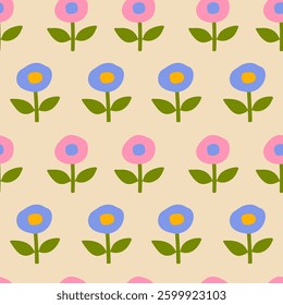 Colorful vintage floral seamless pattern illustration. Retro nature-inspired background in hand-drawn style. Spring season decorative texture, perfect for textile and print designs