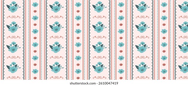 Colorful vintage floral seamless pattern with turquoise flowers. Retro striped wallpaper with flowers. Vector.