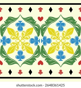 Colorful vintage floral tile pattern with green leaves, yellow rosettes, and playing card suit symbols. A bold, symmetrical design perfect for retro packaging, wallpaper, textile prints, decorarion