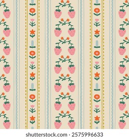 Colorful vintage flower art seamless pattern illustration. Retro nature floral background in hand drawn style. Spring season strawberry decoration texture, nature textile drawing print.