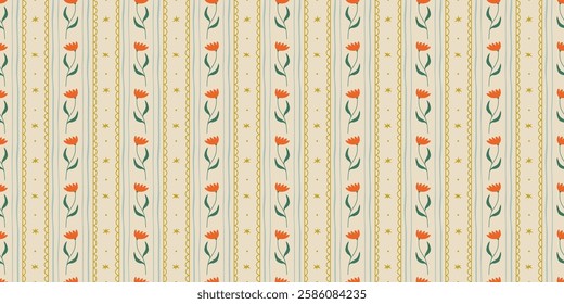 Colorful vintage flower art seamless pattern illustration. Retro nature floral background in hand drawn style. Spring season decoration texture, nature textile drawing print.