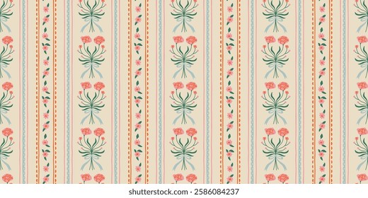 Colorful vintage flower art seamless pattern illustration. Retro nature floral background in hand drawn style. Spring season decoration texture, nature textile drawing print.