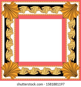 Colorful vintage frame. Golden leaves and cords on a black, white and coral background around a white square.