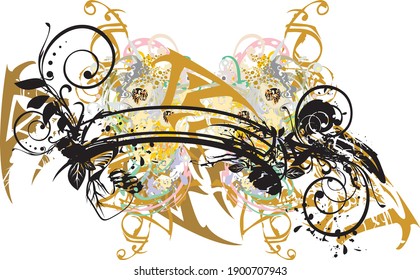 Colorful vintage frame splashes on the white. Beautiful detailed golden and floral texture elements forming a frame for your creative ideas, retro design, wallpaper, etc.