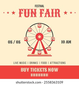 Colorful vintage fun fair festival invitation banner. Ferris wheel in flat style. Retro vector illustration. Concept for advertising card, poster, flyer, post and more