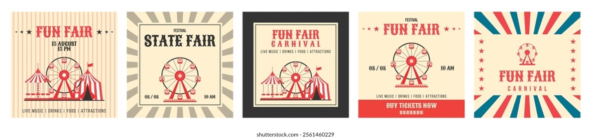 Colorful vintage fun fair festival invitation banner set. Ferris wheel, circus tent, carousel in flat style. Retro vector illustration. Concept for advertising card, poster, flyer, post and more