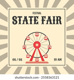 Colorful vintage fun fair invitation banner. Ferris wheel in flat style. Retro vector illustration. Background for advertising banner, poster, flyer, post and more