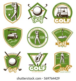 Colorful vintage golf labels for club academy league or championship isolated vector illustration