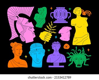 Colorful vintage greek decoration cartoon shape collection. Set of ancient history sculpture, god monument and historical doodle illustration.