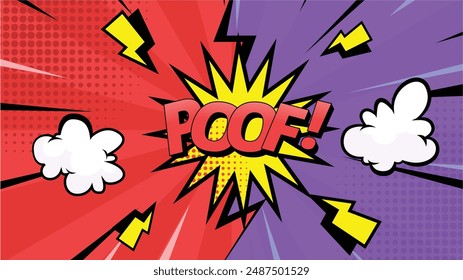 colorful vintage halftone pop art background, and speech bubble with text Poof!