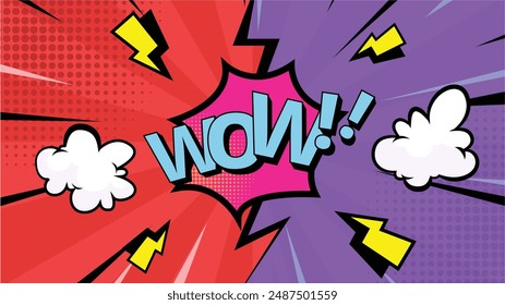 colorful vintage halftone pop art background, comic speech bubble with text Wow! expression.