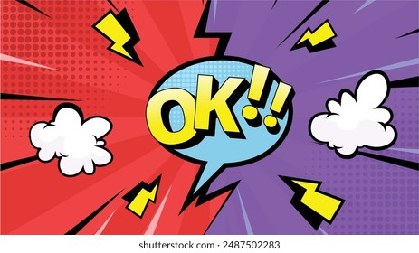 colorful vintage halftone pop art background, and speech bubble with text Ok!