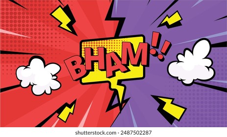 colorful vintage halftone pop art background, comic speech bubble with text Bham! expression.