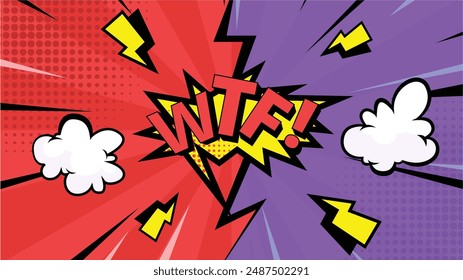 colorful vintage halftone pop art background, comic speech bubble with text Wtf! expression.