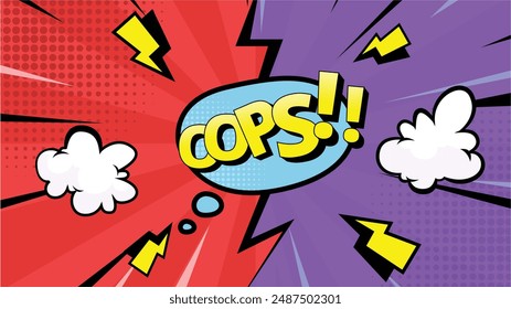 colorful vintage halftone pop art background, comic speech bubble with text Oops! expression.