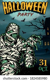 Colorful vintage Halloween poster with scary mummy on haunted house bats dry tree background vector illustration