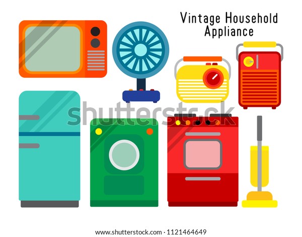Colorful vintage\
household appliances are illustrated on white background consist of\
fan, refrigerator, oven, washing machine, television, hoover,\
radio, and heater or\
radiator.