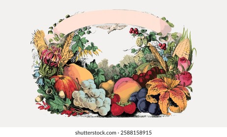 Colorful vintage illustration of fruits and flowers. Includes grapes, apples, corn, and lilies. Decorative, nature-themed, with a blank banner for text. Vintage art illustration, vector.