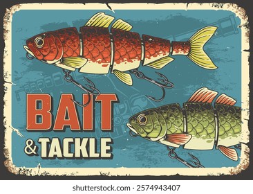 Colorful vintage illustration showcases two fish designs with hooks and lures. This artwork highlights the essentials for fishing enthusiasts emphasizing bait and tackle.