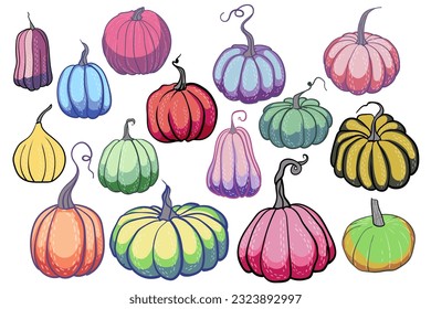 Colorful vintage illustrations of pumpkins in 70s style. Set of multicolor pumpkins.