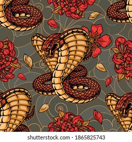 Colorful vintage japanese seamless pattern with aggressive poisonous snake sakura and chrysanthemum flowers vector illustration