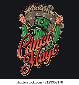 Colorful vintage label with cheerful mustachioed cactus in sombrero shaking maracas, Cinco de Mayo inscription, vector illustration