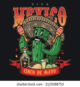 Colorful vintage label with cheerful spiny mustachioed cactus in sombrero shaking maracas, mexican food and drinks above red ribbon with inscription, vector illustration