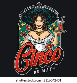 Colorful vintage label with Mexican waitress in hoops and sombrero holding tray with cocktail against floral pattern, Cinco de Mayo inscription, vector illustration