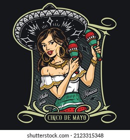 Colorful vintage label with Mexican woman in sombrero hat and hoops playing maracas against shaded background, vector illustration