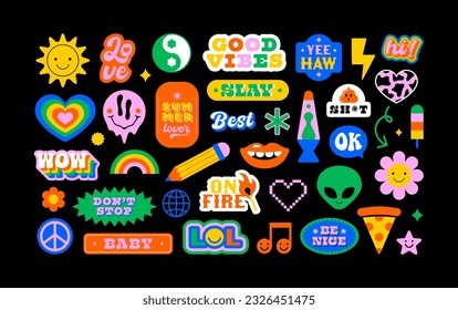 Colorful vintage label shape set. Collection of trendy retro sticker cartoon shapes. Funny comic character art and quote sign patch bundle.