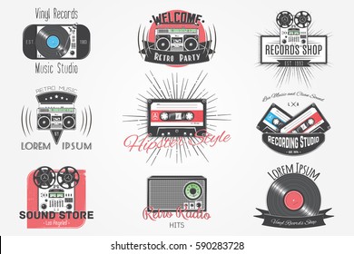 Colorful vintage labels. Invitation retro music. Logo Music Store, hipster style. Detailed elements. Old retro vintage grunge. Typographic labels, stickers, logos and badges.