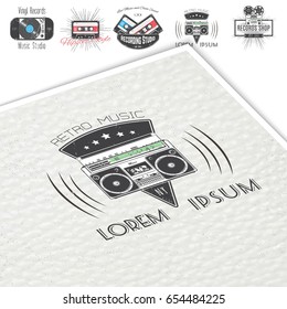 Colorful vintage labels. Invitation retro music. Logo Music Store, Hipster Style. Detailed elements. Old retro vintage grunge. Typographic labels, stickers, logos and badges.