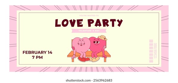 Colorful vintage love party ticket. Lovely and cute hearts character on bench in retro groovy style. Details events, barcode, date and time. Valentines day, February 14. Flat vector illustration