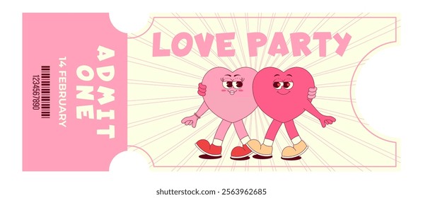 Colorful vintage love party ticket. Lovely walking hearts character in retro groovy style. Details events, barcode, date and time. Valentines day, February 14.Flat vector illustration white background