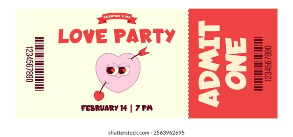 Colorful vintage love party ticket. Lovely and cute heart character in retro groovy style. Details events, barcode, date and time.Valentines day, February 14. Flat vector illustration white background